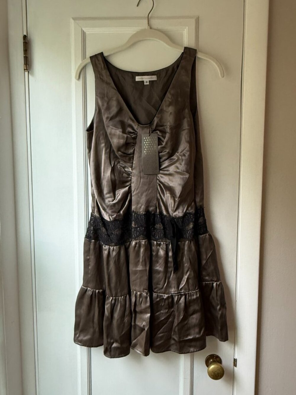 Corey Lynn Calter Taupe Satin Ruched Drop-Waist Mini Dress with Black Lace Size